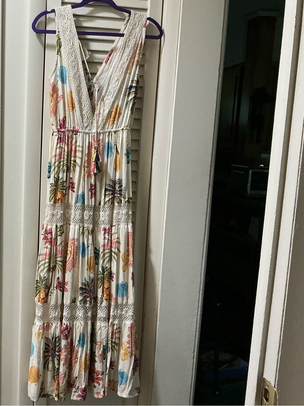Ivory Floral V-Neck Tiered Maxi Dress with Lace Trim